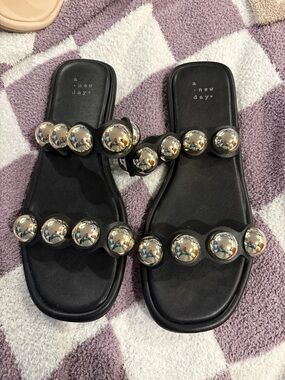 a new day Black Slide Sandals with Silver Dome Studs